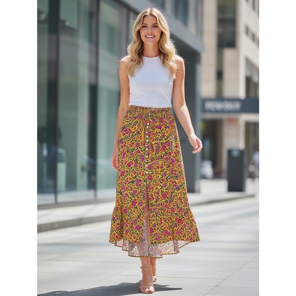 Cynthia Rowley Floral Smocked Maxi Skirt Women M Yellow Green Button Front Flowy
